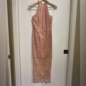 Rose Pink High Neck Lace Sheath Midi Dress, S